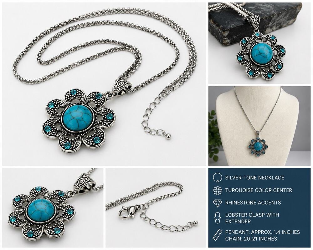 Boho Turquoise Color Flower Pendant Necklace Silver Tone Rhineston
